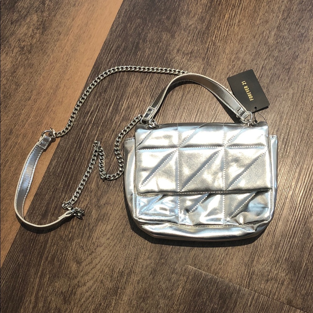 Forever 21 Metallic Silver Quilted Crossbody Bag with Chain Strap